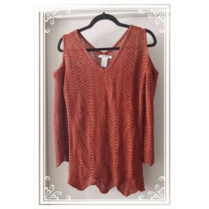 NWOT~Massey's Rust & Gold Glitter Long Sleeve Cold Shoulder Sweater Sz Medium